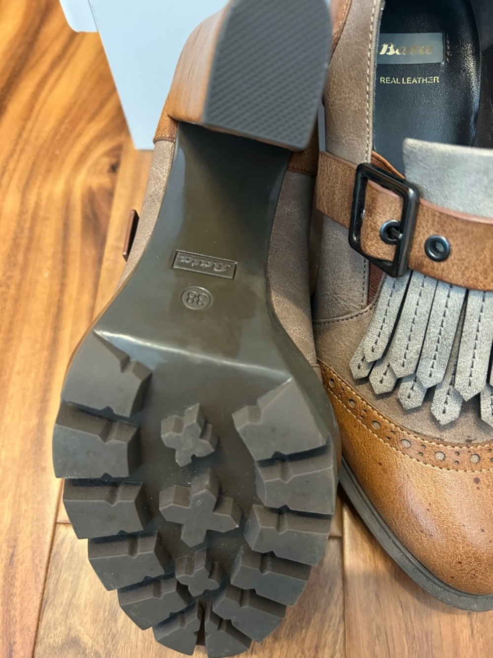 Fringed Two-Tone Brown and Gray Block Heel Loafers - Picture 3 of 3